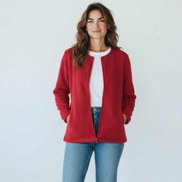 Eileen Fisher Red Knit Cotton Sweater Cardigan Front Zip Pockets Small - Picture 1 of 12